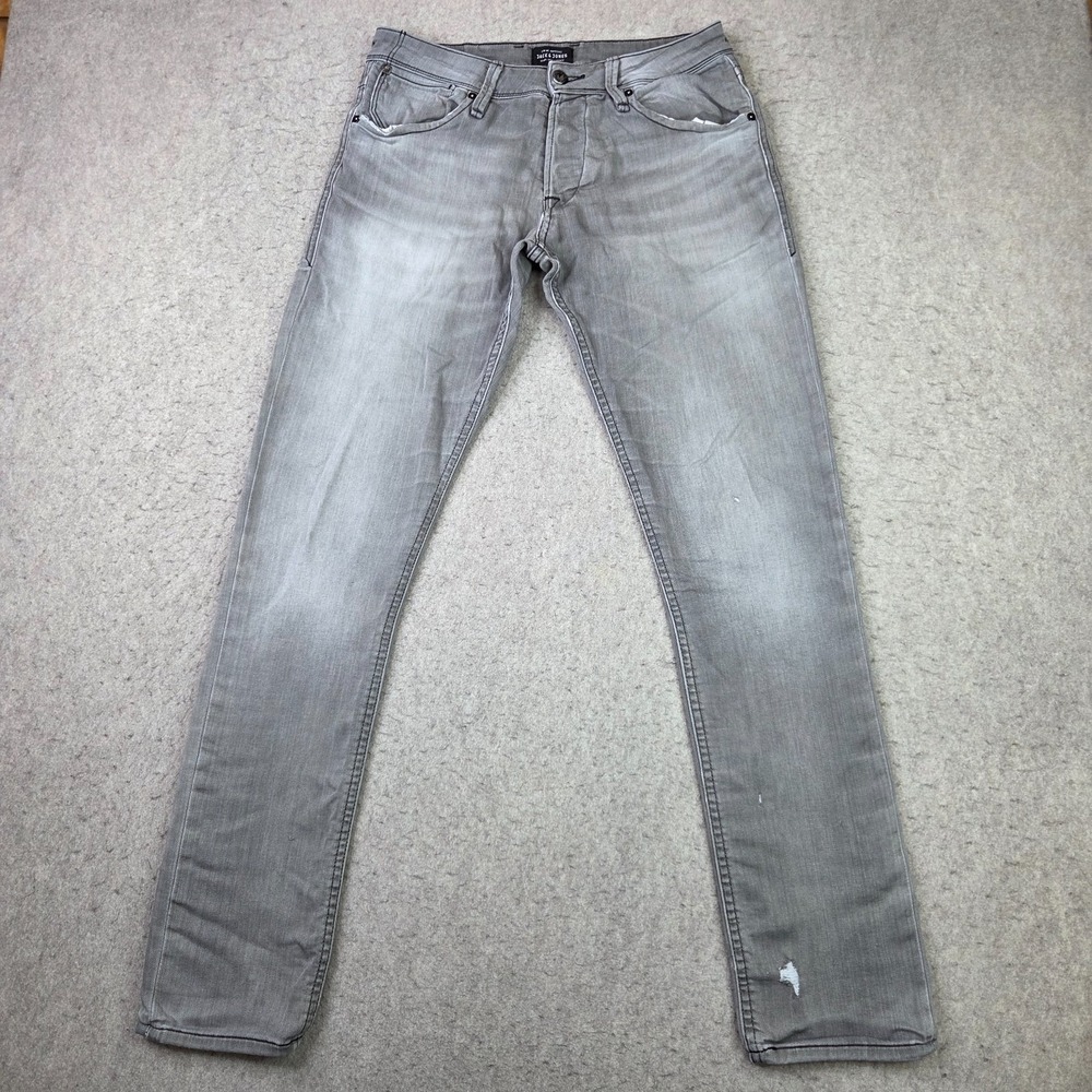 Jack and Jones Glenn Mens Slim Fit Jeans W32 L34 Washed Grey Stretch Button Fly